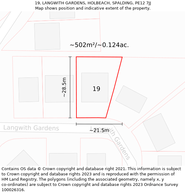 19, LANGWITH GARDENS, HOLBEACH, SPALDING, PE12 7JJ: Plot and title map