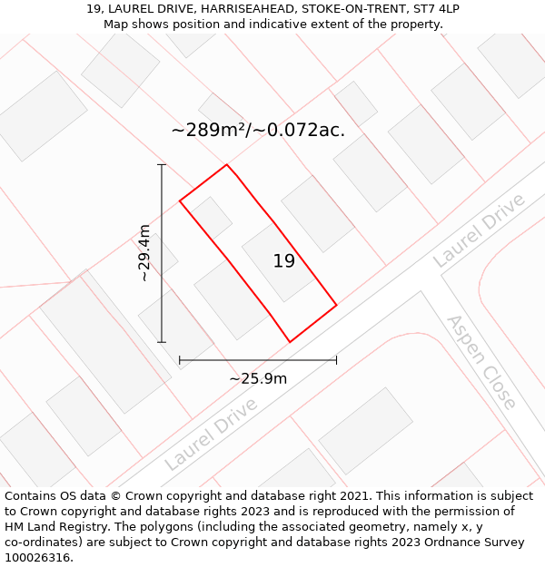 19, LAUREL DRIVE, HARRISEAHEAD, STOKE-ON-TRENT, ST7 4LP: Plot and title map