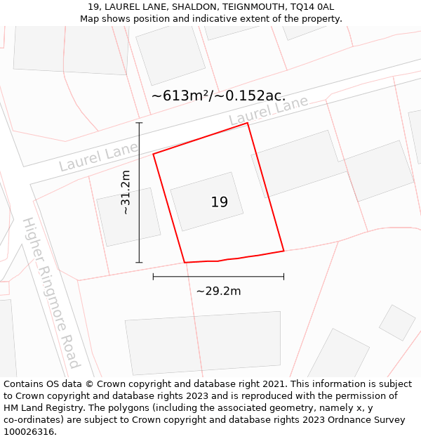 19, LAUREL LANE, SHALDON, TEIGNMOUTH, TQ14 0AL: Plot and title map