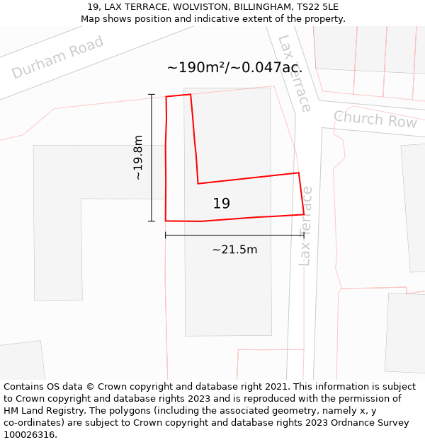 19, LAX TERRACE, WOLVISTON, BILLINGHAM, TS22 5LE: Plot and title map