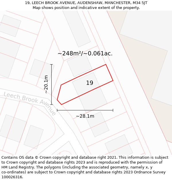 19, LEECH BROOK AVENUE, AUDENSHAW, MANCHESTER, M34 5JT: Plot and title map