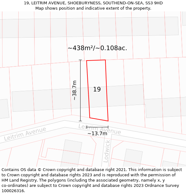 19, LEITRIM AVENUE, SHOEBURYNESS, SOUTHEND-ON-SEA, SS3 9HD: Plot and title map