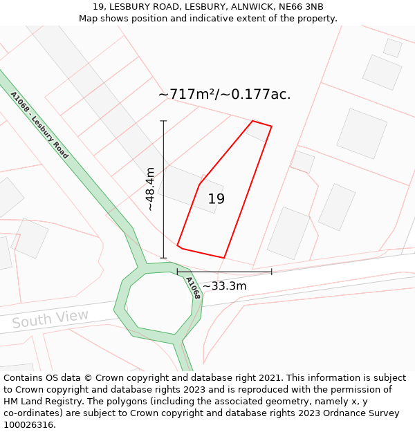 19, LESBURY ROAD, LESBURY, ALNWICK, NE66 3NB: Plot and title map