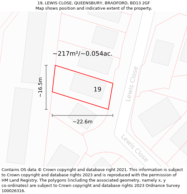 19, LEWIS CLOSE, QUEENSBURY, BRADFORD, BD13 2GF: Plot and title map