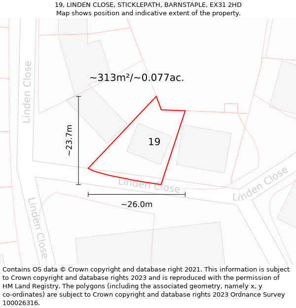 19, LINDEN CLOSE, STICKLEPATH, BARNSTAPLE, EX31 2HD: Plot and title map