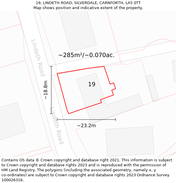 19, LINDETH ROAD, SILVERDALE, CARNFORTH, LA5 0TT: Plot and title map