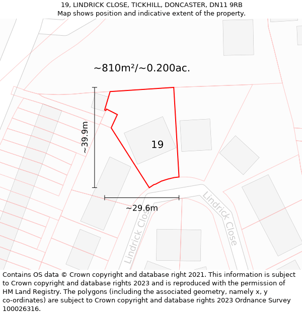 19, LINDRICK CLOSE, TICKHILL, DONCASTER, DN11 9RB: Plot and title map