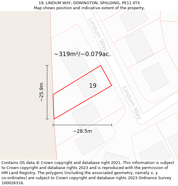 19, LINDUM WAY, DONINGTON, SPALDING, PE11 4TX: Plot and title map