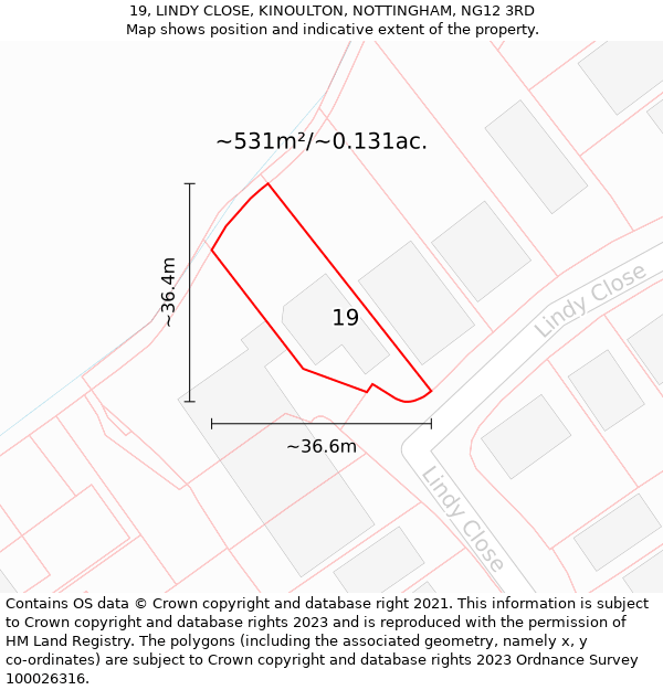 19, LINDY CLOSE, KINOULTON, NOTTINGHAM, NG12 3RD: Plot and title map