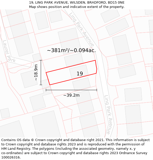 19, LING PARK AVENUE, WILSDEN, BRADFORD, BD15 0NE: Plot and title map