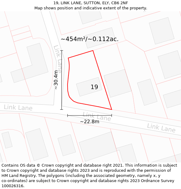 19, LINK LANE, SUTTON, ELY, CB6 2NF: Plot and title map