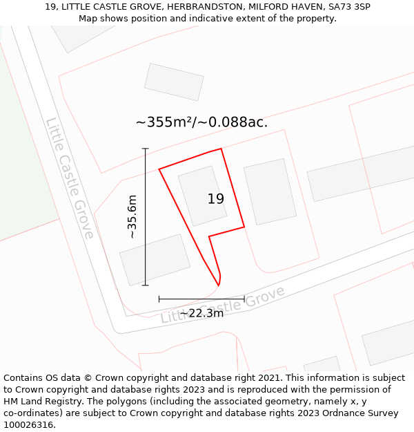 19, LITTLE CASTLE GROVE, HERBRANDSTON, MILFORD HAVEN, SA73 3SP: Plot and title map