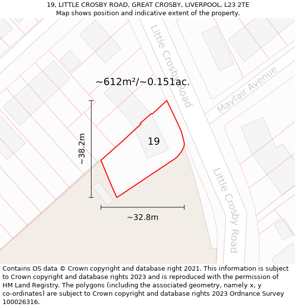 19, LITTLE CROSBY ROAD, GREAT CROSBY, LIVERPOOL, L23 2TE: Plot and title map