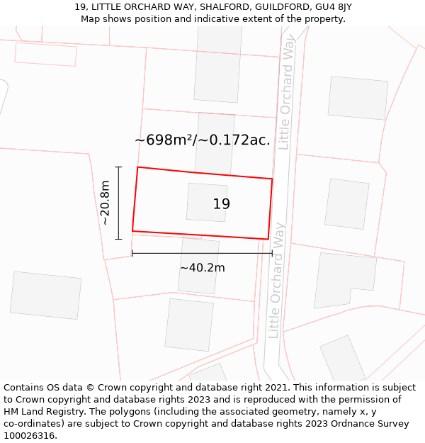 19, LITTLE ORCHARD WAY, SHALFORD, GUILDFORD, GU4 8JY: Plot and title map