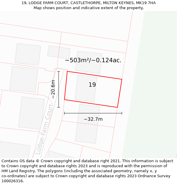 19, LODGE FARM COURT, CASTLETHORPE, MILTON KEYNES, MK19 7HA: Plot and title map