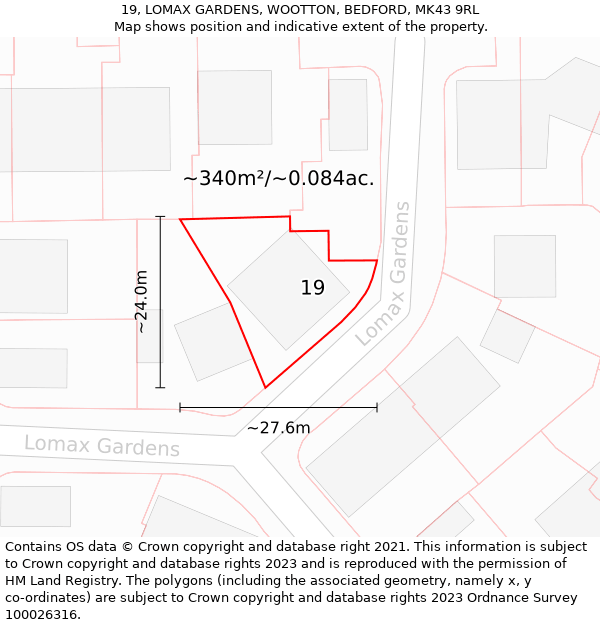 19, LOMAX GARDENS, WOOTTON, BEDFORD, MK43 9RL: Plot and title map