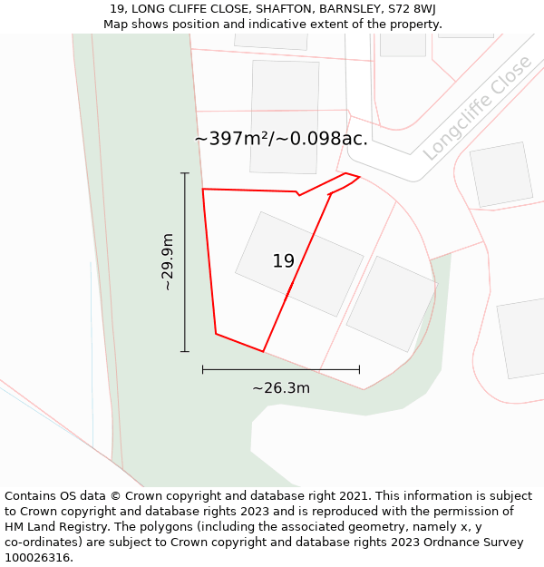 19, LONG CLIFFE CLOSE, SHAFTON, BARNSLEY, S72 8WJ: Plot and title map