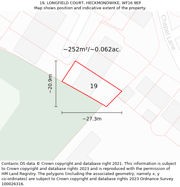 19, LONGFIELD COURT, HECKMONDWIKE, WF16 9EP: Plot and title map