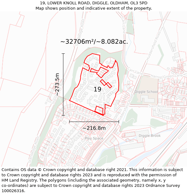 19, LOWER KNOLL ROAD, DIGGLE, OLDHAM, OL3 5PD: Plot and title map