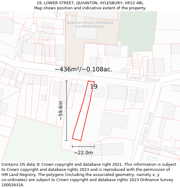 19, LOWER STREET, QUAINTON, AYLESBURY, HP22 4BL: Plot and title map