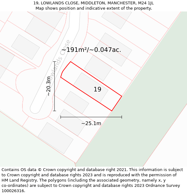 19, LOWLANDS CLOSE, MIDDLETON, MANCHESTER, M24 1JL: Plot and title map