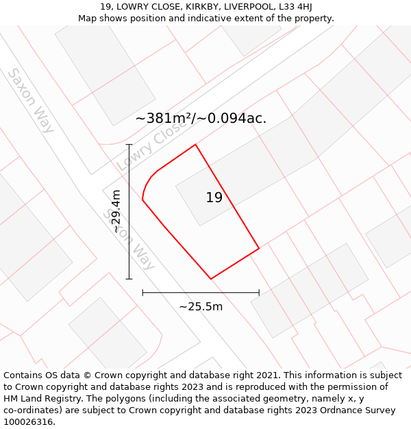 19, LOWRY CLOSE, KIRKBY, LIVERPOOL, L33 4HJ: Plot and title map