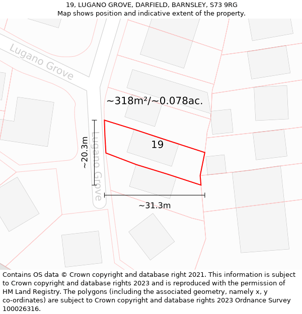 19, LUGANO GROVE, DARFIELD, BARNSLEY, S73 9RG: Plot and title map