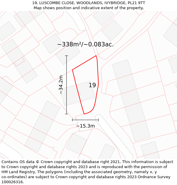 19, LUSCOMBE CLOSE, WOODLANDS, IVYBRIDGE, PL21 9TT: Plot and title map