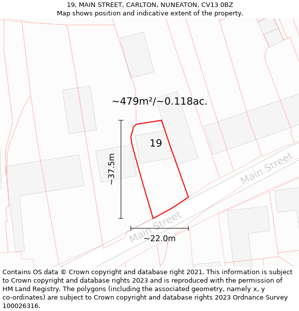 19, MAIN STREET, CARLTON, NUNEATON, CV13 0BZ: Plot and title map