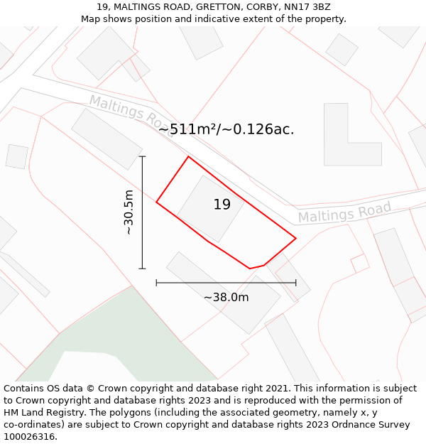 19, MALTINGS ROAD, GRETTON, CORBY, NN17 3BZ: Plot and title map