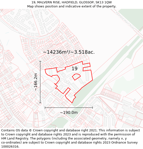 19, MALVERN RISE, HADFIELD, GLOSSOP, SK13 1QW: Plot and title map