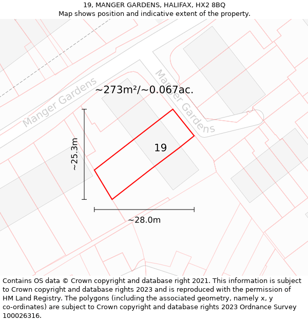 19, MANGER GARDENS, HALIFAX, HX2 8BQ: Plot and title map