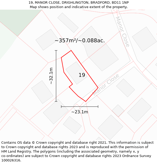 19, MANOR CLOSE, DRIGHLINGTON, BRADFORD, BD11 1NP: Plot and title map