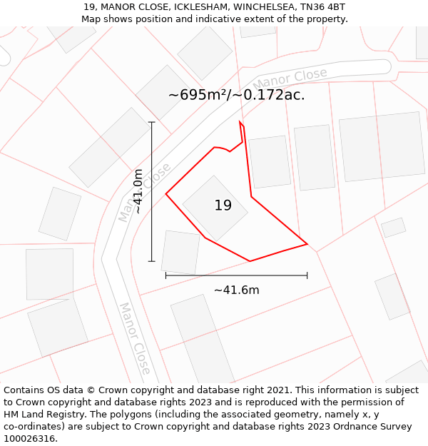 19, MANOR CLOSE, ICKLESHAM, WINCHELSEA, TN36 4BT: Plot and title map