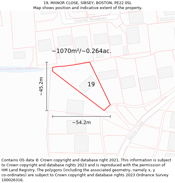 19, MANOR CLOSE, SIBSEY, BOSTON, PE22 0SL: Plot and title map