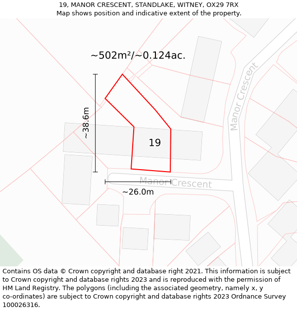 19, MANOR CRESCENT, STANDLAKE, WITNEY, OX29 7RX: Plot and title map