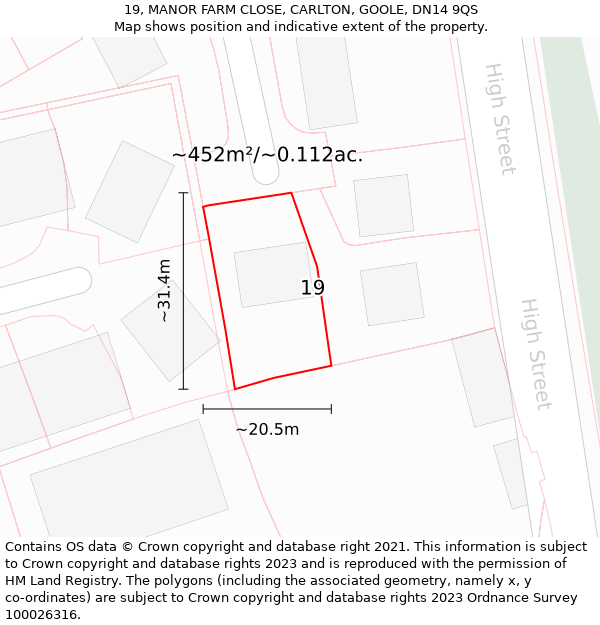 19, MANOR FARM CLOSE, CARLTON, GOOLE, DN14 9QS: Plot and title map