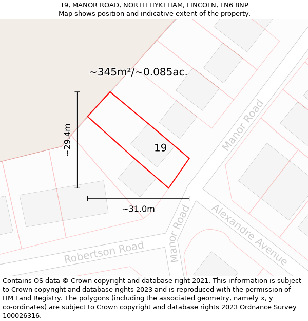 19, MANOR ROAD, NORTH HYKEHAM, LINCOLN, LN6 8NP: Plot and title map