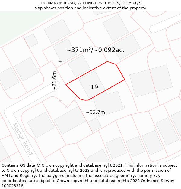 19, MANOR ROAD, WILLINGTON, CROOK, DL15 0QX: Plot and title map