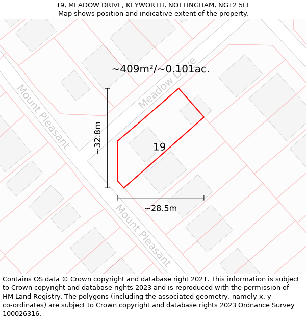 19, MEADOW DRIVE, KEYWORTH, NOTTINGHAM, NG12 5EE: Plot and title map