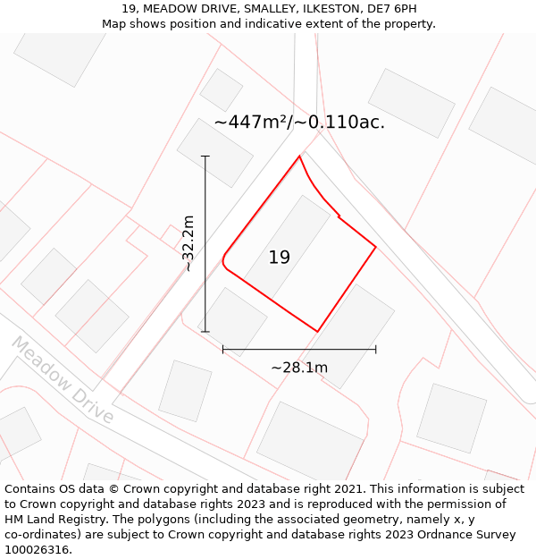 19, MEADOW DRIVE, SMALLEY, ILKESTON, DE7 6PH: Plot and title map