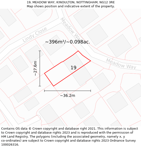 19, MEADOW WAY, KINOULTON, NOTTINGHAM, NG12 3RE: Plot and title map