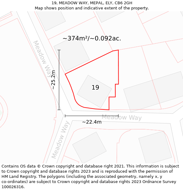 19, MEADOW WAY, MEPAL, ELY, CB6 2GH: Plot and title map