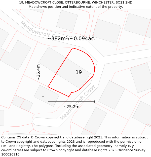 19, MEADOWCROFT CLOSE, OTTERBOURNE, WINCHESTER, SO21 2HD: Plot and title map