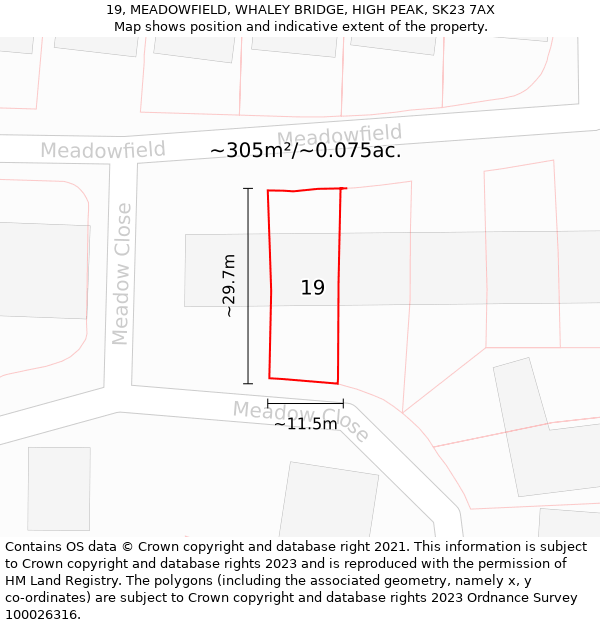 19, MEADOWFIELD, WHALEY BRIDGE, HIGH PEAK, SK23 7AX: Plot and title map