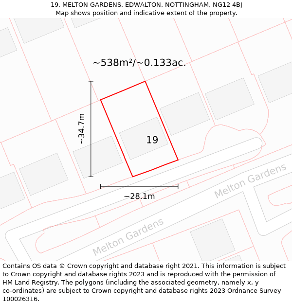 19, MELTON GARDENS, EDWALTON, NOTTINGHAM, NG12 4BJ: Plot and title map