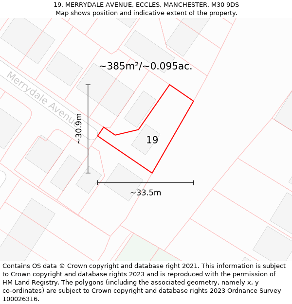 19, MERRYDALE AVENUE, ECCLES, MANCHESTER, M30 9DS: Plot and title map