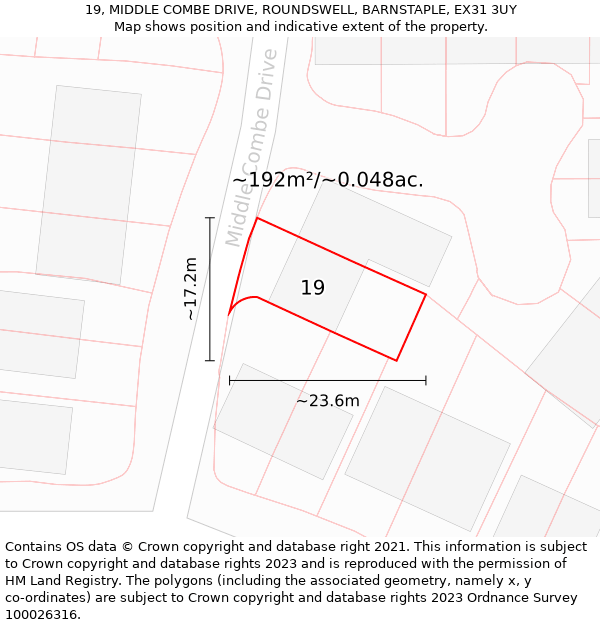 19, MIDDLE COMBE DRIVE, ROUNDSWELL, BARNSTAPLE, EX31 3UY: Plot and title map