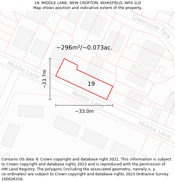 19, MIDDLE LANE, NEW CROFTON, WAKEFIELD, WF4 1LD: Plot and title map