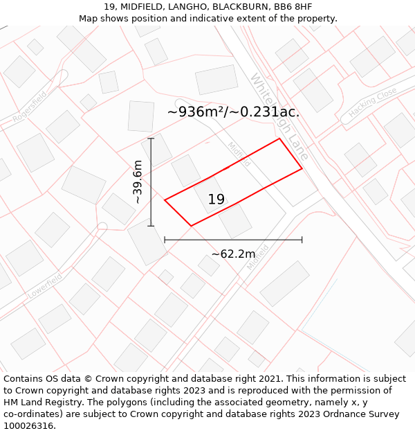 19, MIDFIELD, LANGHO, BLACKBURN, BB6 8HF: Plot and title map